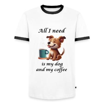 Cute dog with coffee mug - Men's Ringer Shirt - white/black - Front - AI Model Female 172 light (172cm) & AI Model Male 178 dark (178cm)