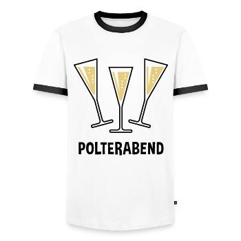 Polterabend (JGA / Sektgläser / Trichter Zu / 2C) - Männer Kontrast-T-Shirt - Weiß/Schwarz - Vorne - AI Model Female 172 light (172cm) & AI Model Male 178 dark (178cm)