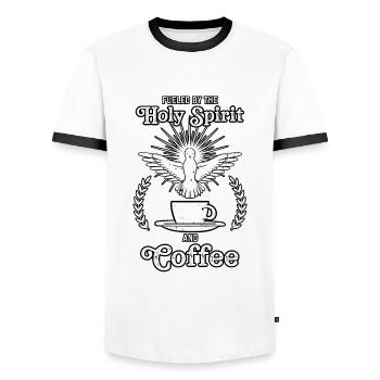 Alimenté par le Saint-Esprit et le café - T-shirt contrasté Homme - blanc/noir - Devant - AI Model Female 172 light (172cm) & AI Model Male 178 dark (178cm)
