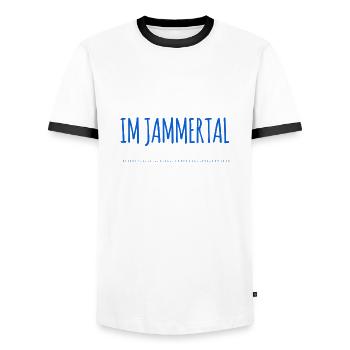 ich bin im Jammertal - Männer Kontrast-T-Shirt - Weiß/Schwarz - Vorne - AI Model Female 172 light (172cm) & AI Model Male 178 dark (178cm)