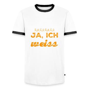ja, ich weiß - Männer Kontrast-T-Shirt - Weiß/Schwarz - Vorne - AI Model Female 172 light (172cm) & AI Model Male 178 dark (178cm)