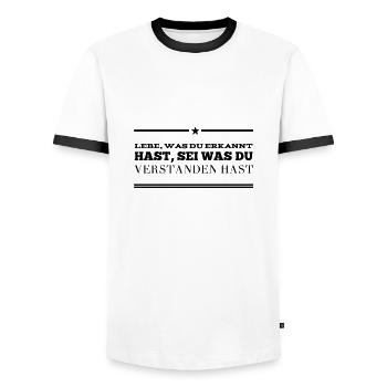 was hast du verstanden? - Männer Kontrast-T-Shirt - Weiß/Schwarz - Vorne - AI Model Female 172 light (172cm) & AI Model Male 178 dark (178cm)