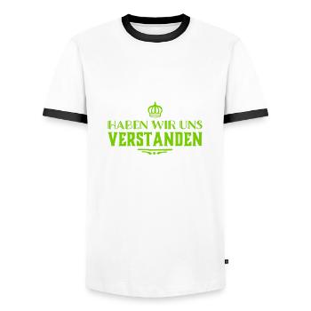 Hast du verstanden? - Männer Kontrast-T-Shirt - Weiß/Schwarz - Vorne - AI Model Female 172 light (172cm) & AI Model Male 178 dark (178cm)
