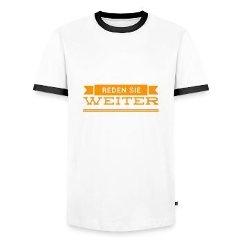 was sie sagen ist spannend - Männer Kontrast-T-Shirt - Weiß/Schwarz - Vorne - AI Model Female 172 light (172cm) & AI Model Male 178 dark (178cm)