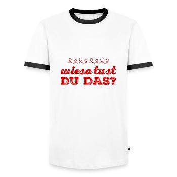 mit der Bitte um Erklärung - Männer Kontrast-T-Shirt - Weiß/Schwarz - Vorne - AI Model Female 172 light (172cm) & AI Model Male 178 dark (178cm)
