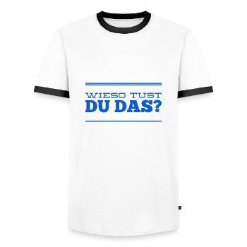 wieso tust du das? - Männer Kontrast-T-Shirt - Weiß/Schwarz - Vorne - AI Model Female 172 light (172cm) & AI Model Male 178 dark (178cm)