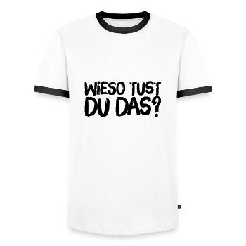 warum machst du das? - Männer Kontrast-T-Shirt - Weiß/Schwarz - Vorne - AI Model Female 172 light (172cm) & AI Model Male 178 dark (178cm)