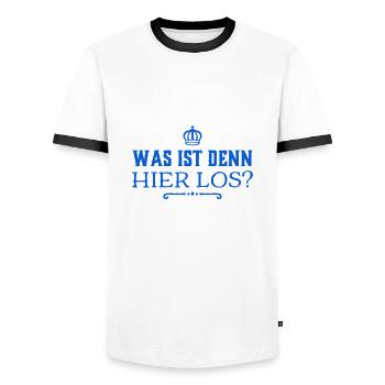 was geht hier ab? - Männer Kontrast-T-Shirt - Weiß/Schwarz - Vorne - AI Model Female 172 light (172cm) & AI Model Male 178 dark (178cm)