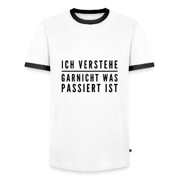 ich verstehe nur Bahnhof - Männer Kontrast-T-Shirt - Weiß/Schwarz - Vorne - AI Model Female 172 light (172cm) & AI Model Male 178 dark (178cm)