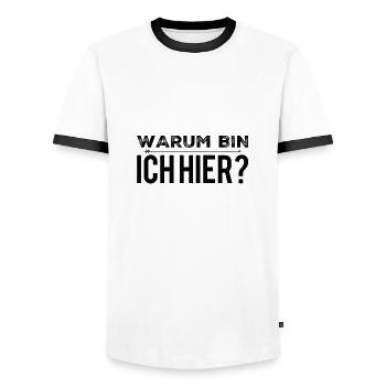 was mache ich hier? - Männer Kontrast-T-Shirt - Weiß/Schwarz - Vorne - AI Model Female 172 light (172cm) & AI Model Male 178 dark (178cm)