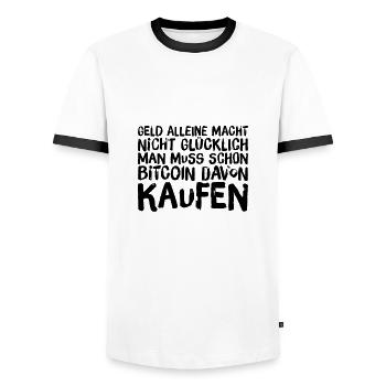 BITCOIN macht dich glücklich - Männer Kontrast-T-Shirt - Weiß/Schwarz - Vorne - AI Model Female 172 light (172cm) & AI Model Male 178 dark (178cm)