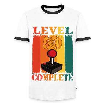 Level 50 Complete 50th Birthday 1974 Gift - Men's Ringer Shirt - white/black - Front - AI Model Female 172 light (172cm) & AI Model Male 178 dark (178cm)