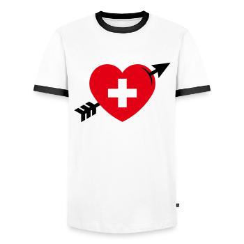 Herz Mit Schweizerkreuz Und Pfeil (Schweiz / 3C) - Männer Kontrast-T-Shirt - Weiß/Schwarz - Vorne - AI Model Female 172 light (172cm) & AI Model Male 178 dark (178cm)