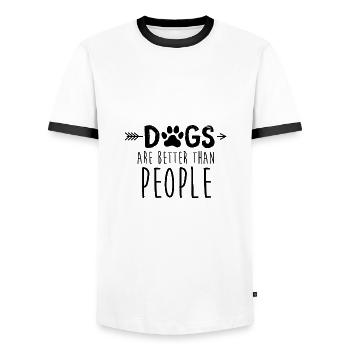 Amis chiens | Idées cadeaux pour chiens - T-shirt contrasté Homme - blanc/noir - Devant - AI Model Female 172 light (172cm) & AI Model Male 178 dark (178cm)