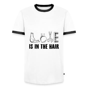 Profession de coiffeur | Coiffeur coiffeur - T-shirt contrasté Homme - blanc/noir - Devant - AI Model Female 172 light (172cm) & AI Model Male 178 dark (178cm)