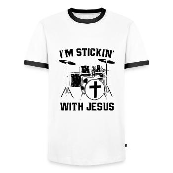 Schlagzeug Jesus | Schlagzeuger Musik Geschenkidee - Männer Kontrast-T-Shirt - Weiß/Schwarz - Vorne - AI Model Female 172 light (172cm) & AI Model Male 178 dark (178cm)