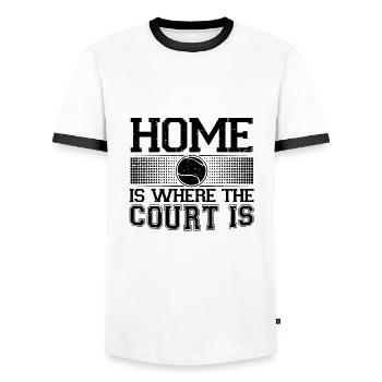Court de tennis | Cadeaux de sport de joueur de tennis de tennis - T-shirt contrasté Homme - blanc/noir - Devant - AI Model Female 172 light (172cm) & AI Model Male 178 dark (178cm)