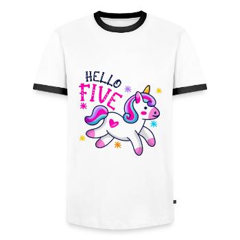Hello FIVE Unicorn, Cinquième anniversaire, Magical Unicor - T-shirt contrasté Homme - blanc/noir - Devant - AI Model Female 172 light (172cm) & AI Model Male 178 dark (178cm)