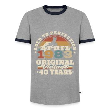 April 1983 - 40 years old - 40th birthday - Men's Ringer Shirt - grey/navy  - Front - AI Model Female 172 light (172cm) & AI Model Male 178 light (178cm)