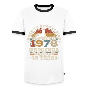 April 1978 - 45 Jahre alt - 45. Geburtstag - Männer Kontrast-T-Shirt - Weiß/Schwarz - Vorne - AI Model Female 172 light (172cm) & AI Model Male 178 dark (178cm)