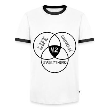 Answer 42 - Men's Ringer Shirt - white/black - Front - AI Model Female 172 light (172cm) & AI Model Male 178 dark (178cm)