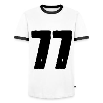 77 Zahl Trikot - Männer Kontrast-T-Shirt - Weiß/Schwarz - Vorne - AI Model Female 172 light (172cm) & AI Model Male 178 dark (178cm)
