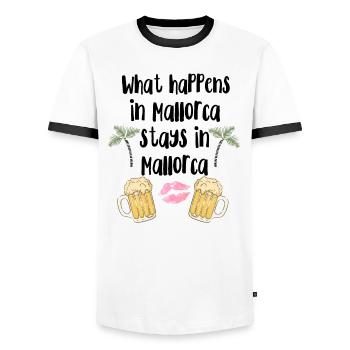 What happens in Mallorca stays in Mallorca - Männer Kontrast-T-Shirt - Weiß/Schwarz - Vorne - AI Model Female 172 light (172cm) & AI Model Male 178 dark (178cm)