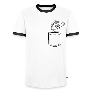 My carp in my pocket - breast pocket - Men's Ringer Shirt - white/black - Front - AI Model Female 172 light (172cm) & AI Model Male 178 dark (178cm)