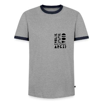 public static void - Men's Ringer Shirt - grey/navy  - Front - AI Model Female 172 light (172cm) & AI Model Male 178 light (178cm)