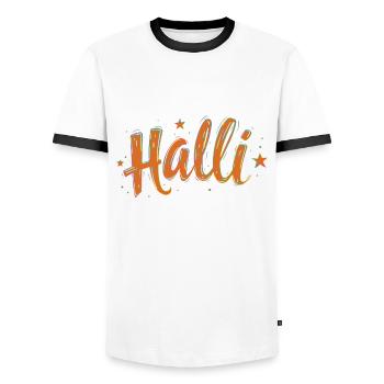 Halli & Galli Partnerlook Party outfit - Halli - Männer Kontrast-T-Shirt - Weiß/Schwarz - Vorne - AI Model Female 172 light (172cm) & AI Model Male 178 dark (178cm)