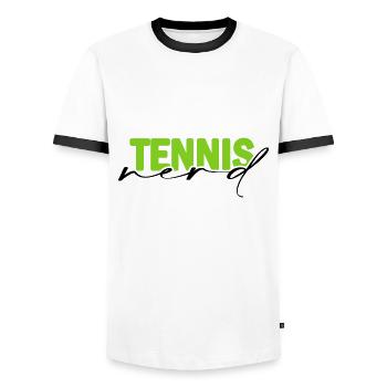 Tennis Match de tennis Court de tennis « tennis-nerd » - T-shirt contrasté Homme - blanc/noir - Devant - AI Model Female 172 light (172cm) & AI Model Male 178 dark (178cm)