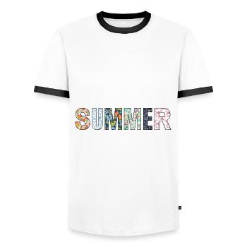 Été | Été | Arbre | Fleurs | Soleil - T-shirt contrasté Homme - blanc/noir - Devant - AI Model Female 172 light (172cm) & AI Model Male 178 dark (178cm)