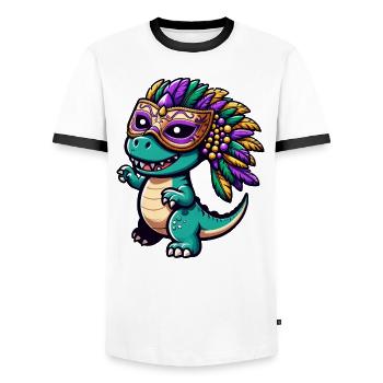 Mardi Gras T-Rex Dino: Maske und Perlen - Männer Kontrast-T-Shirt - Weiß/Schwarz - Vorne - AI Model Female 172 light (172cm) & AI Model Male 178 dark (178cm)