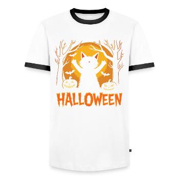 Halloween Katze - Kürbis - Grinsen - Gruselig - Männer Kontrast-T-Shirt - Weiß/Schwarz - Vorne - AI Model Female 172 light (172cm) & AI Model Male 178 dark (178cm)