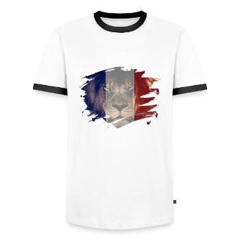 France Flag & African Lion Picture - Men's Ringer Shirt - white/black - Front - AI Model Female 172 light (172cm) & AI Model Male 178 dark (178cm)