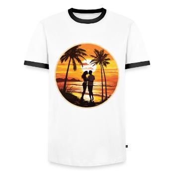 Beach, Island, Sea, Sunset - Men's Ringer Shirt - white/black - Front - AI Model Female 172 light (172cm) & AI Model Male 178 dark (178cm)