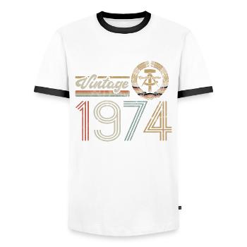 Édition Limitée Vintage, RDA, 1974 Anniversaire - T-shirt contrasté Homme - blanc/noir - Devant - AI Model Female 172 light (172cm) & AI Model Male 178 dark (178cm)