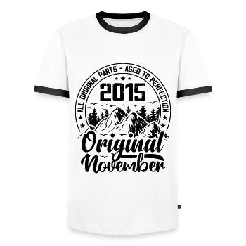 2015 November Original 9 Year Old Birthday Gift - Men's Ringer Shirt - white/black - Front - AI Model Female 172 light (172cm) & AI Model Male 178 dark (178cm)