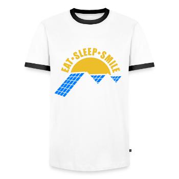 Eat Sleep Smile Repeat - Photovoltaic Saying - Men's Ringer Shirt - white/black - Front - AI Model Female 172 light (172cm) & AI Model Male 178 dark (178cm)