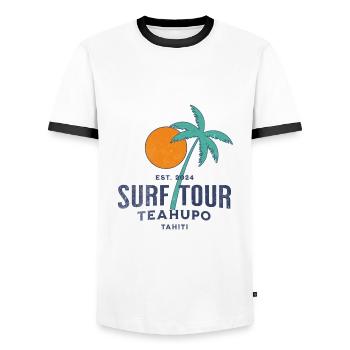 Surf tour Teahupoo Tahiti - Men's Ringer Shirt - white/black - Front - AI Model Female 172 light (172cm) & AI Model Male 178 dark (178cm)