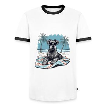 Schnauzer avec des lunettes de soleil à la plage - T-shirt contrasté Homme - blanc/noir - Devant - AI Model Female 172 light (172cm) & AI Model Male 178 dark (178cm)