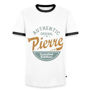 Pierre first name Gift Personalized Tshirt stone - Men's Ringer Shirt - white/black - Front - AI Model Female 172 light (172cm) & AI Model Male 178 dark (178cm)