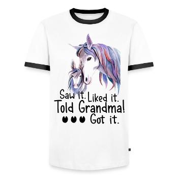 Granddaughter Saw It Liked It Told Grandma Got It - Men's Ringer Shirt - white/black - Front - AI Model Female 172 light (172cm) & AI Model Male 178 dark (178cm)