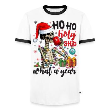 Ho Ho Holy What A Year Skeleton Drinking Coffee - Männer Kontrast-T-Shirt - Weiß/Schwarz - Vorne - AI Model Female 172 light (172cm) & AI Model Male 178 dark (178cm)