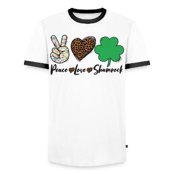 Peace Love Shamrock Leopard Print Patricks Day - Men's Ringer Shirt - white/black - Front - AI Model Female 172 light (172cm) & AI Model Male 178 dark (178cm)