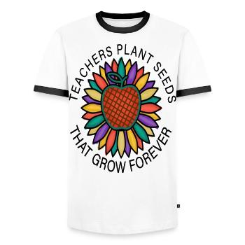 Teachers Plant Seeds That Grow Forever - Men's Ringer Shirt - white/black - Front - AI Model Female 172 light (172cm) & AI Model Male 178 dark (178cm)