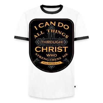 I Can Do All Things Through Christ Who Strengthens - Men's Ringer Shirt - white/black - Front - AI Model Female 172 light (172cm) & AI Model Male 178 dark (178cm)