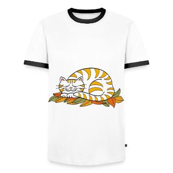 Sleeping kitty on autumn leaves - Men's Ringer Shirt - white/black - Front - AI Model Female 172 light (172cm) & AI Model Male 178 dark (178cm)