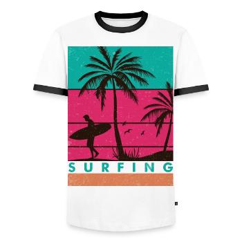 Conception de surf rétro pour les surfeurs et les surfeuses - T-shirt contrasté Homme - blanc/noir - Devant - AI Model Female 172 light (172cm) & AI Model Male 178 dark (178cm)
