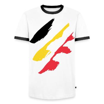 Belgien Flagge Style Streifen - Männer Kontrast-T-Shirt - Weiß/Schwarz - Vorne - AI Model Female 172 light (172cm) & AI Model Male 178 dark (178cm)